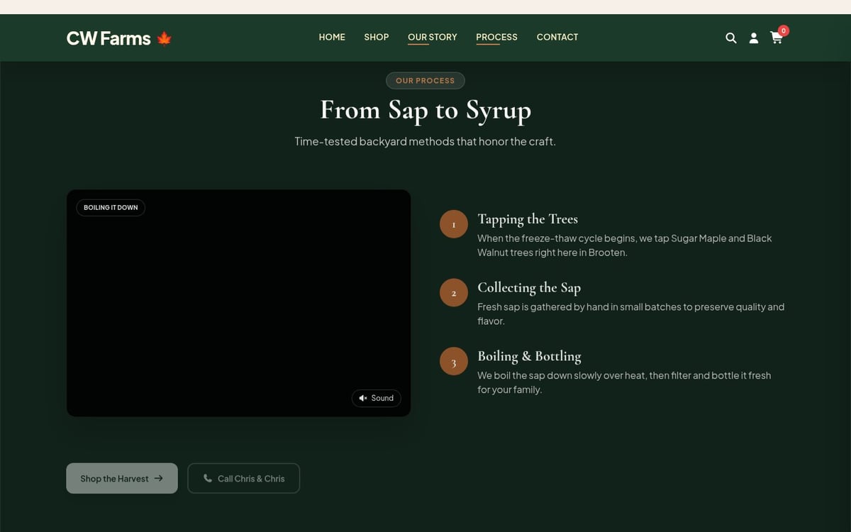 CW Farms website showing From Sap to Syrup process with three steps: tapping trees, collecting sap, and boiling and bottling maple syrup
